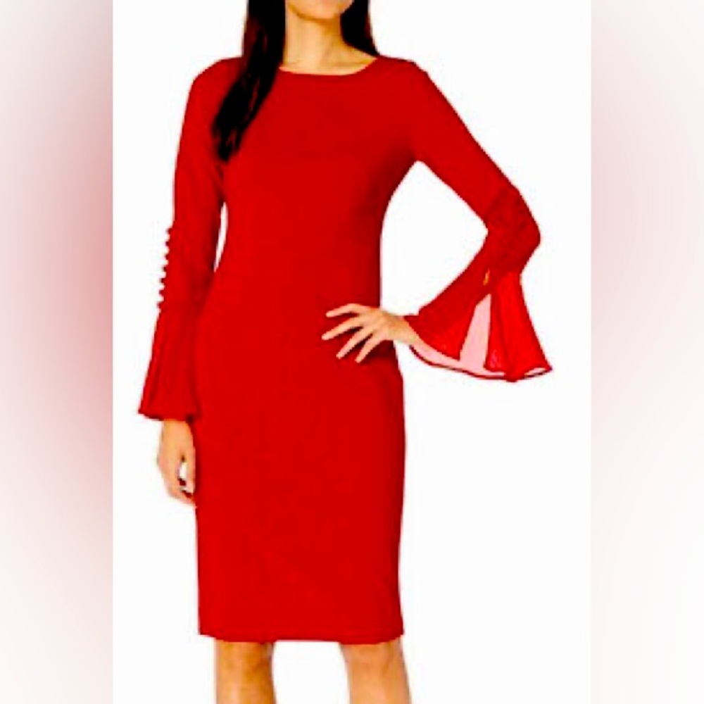 Calvin Klein Petite Red Dress With Ruffled Sleeves NWT